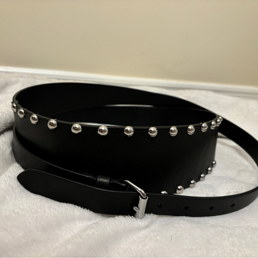 All Saints Alcor Black Leather Studded Belt with Silver Accents - Picture 5 of 9